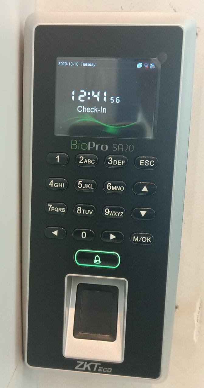 ZKTeco BioPro SA20 biometric attendance system installed and integrated with ERP HRMS API UAE
